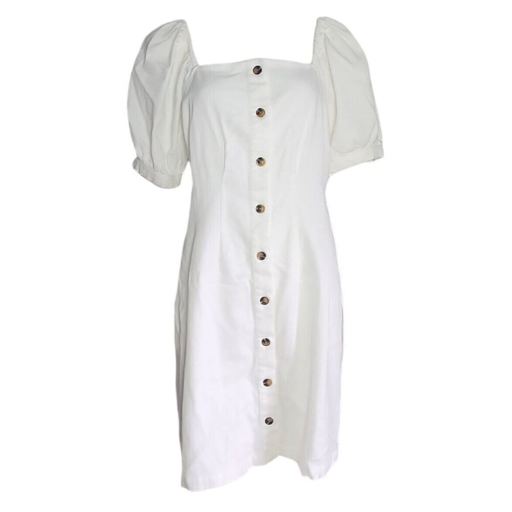 Who What Wear Dress Womens Size XL Solid All White Button‎ Front Puff Sleeve